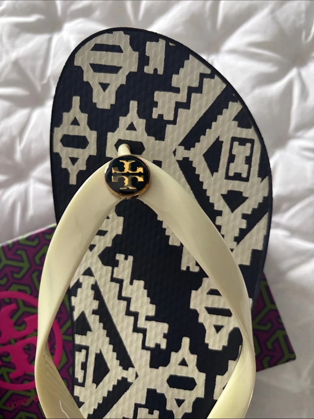 Tory Burch Black and Cream Geometric Flip Flops